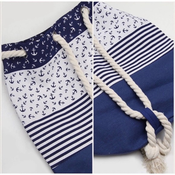 1 LEFT! Nautical Navy Ivory Beach Bucket Bag Tote Vacation Bag - Picture 7 of 7